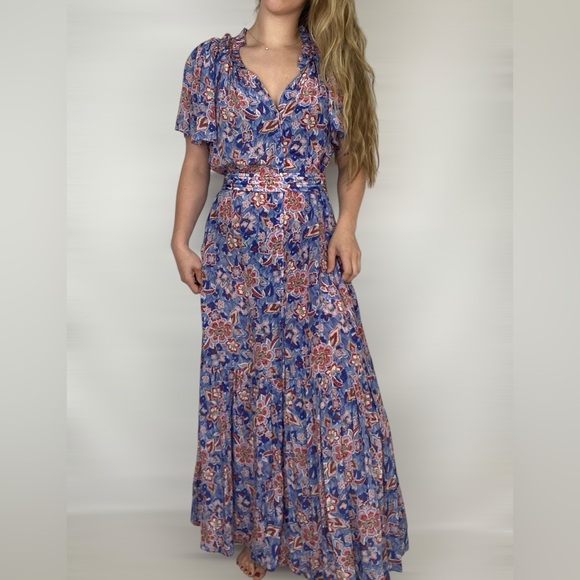 GILNER FARRAR Sydney Dress Batik Batik Short Sleeve Tie Maxi Floral Size Large - Picture 1 of 8